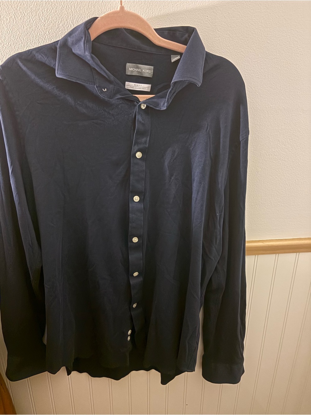 Michael Kors Men’s Navy Slim Fit Fine Gauge Knit Long Sleeve Button-Down Shirt